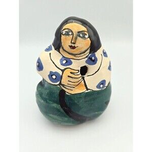 Latin American Folk Art Clay Pottery Woman Figurine Shaker Hand Painted